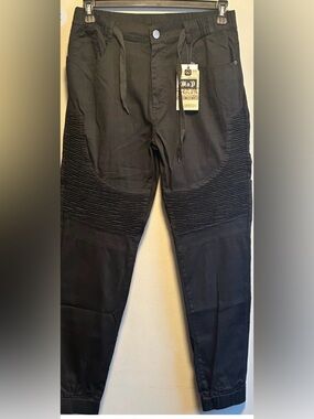 Men's Black Ribbed Joggers Bikers with Drawstring WaistlWithSnap closure XL NWT